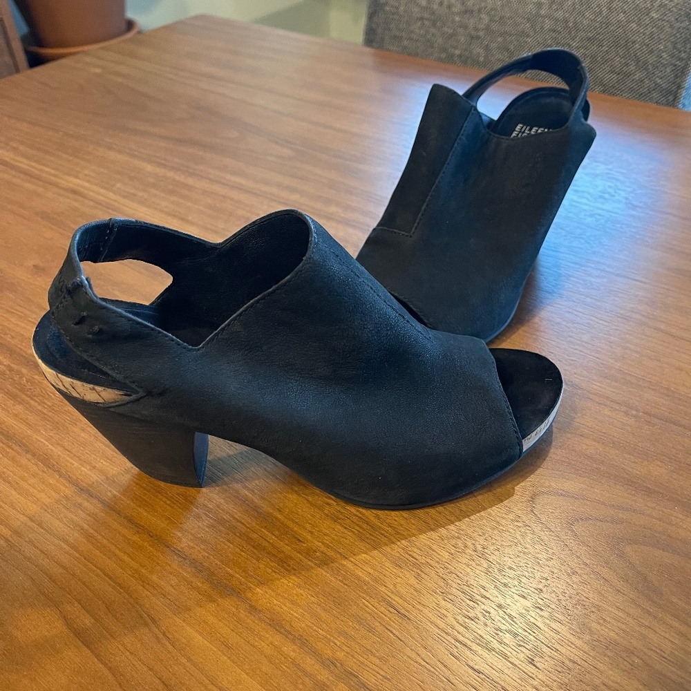 Eileen Fisher open toe shoes, Black Matte, 8.5